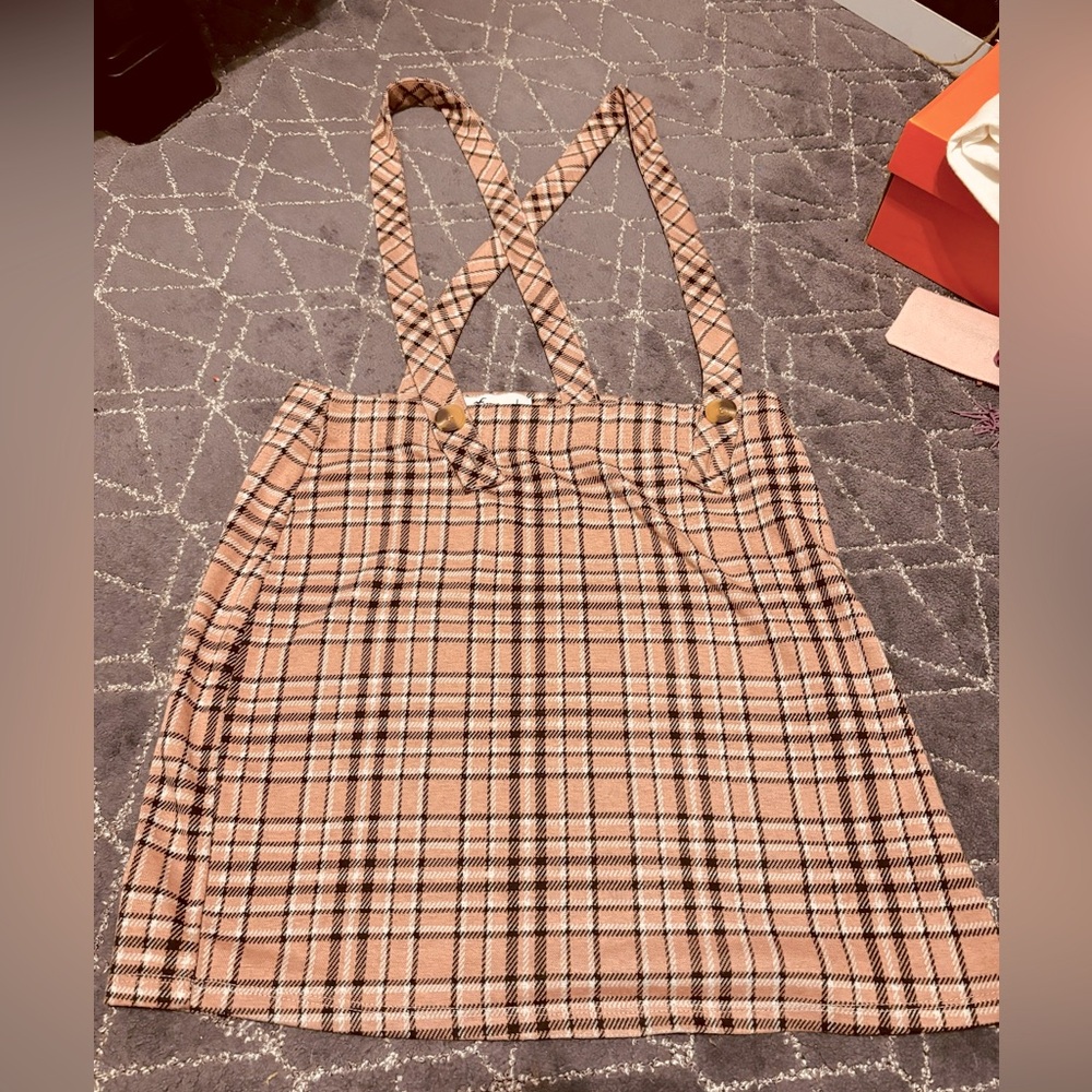 Hollister Pink Plaid Mini Skirt with Suspenders
